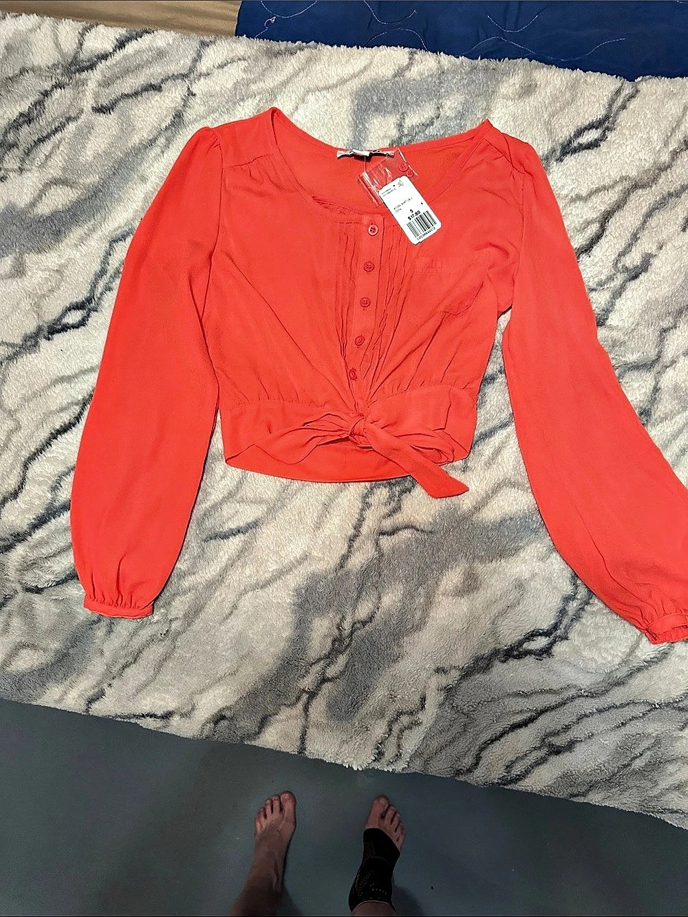 Forever 21 Woven Shirt LS Tie-Front Blouse in Orange Size Small NWT